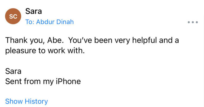 Sara thanking Abe for being helpful