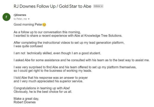 RJ Downes praising Abe and Knowledge Tree
